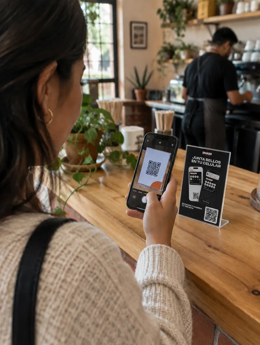 Clienta escaneando con su celular el código QR de un cartel en el mostrador de una cafetería