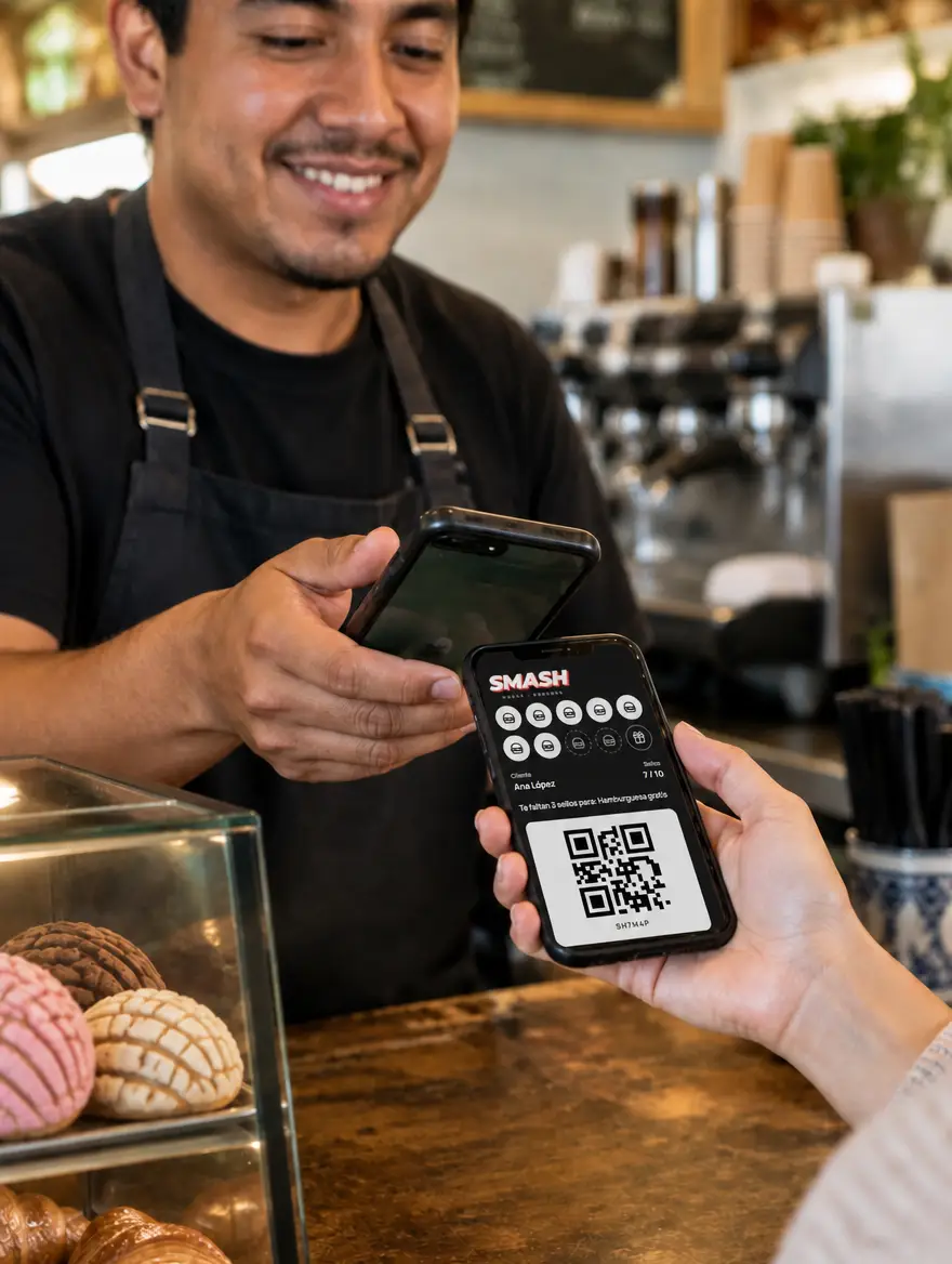 Empleado escaneando la tarjeta de sellos en el celular de una clienta